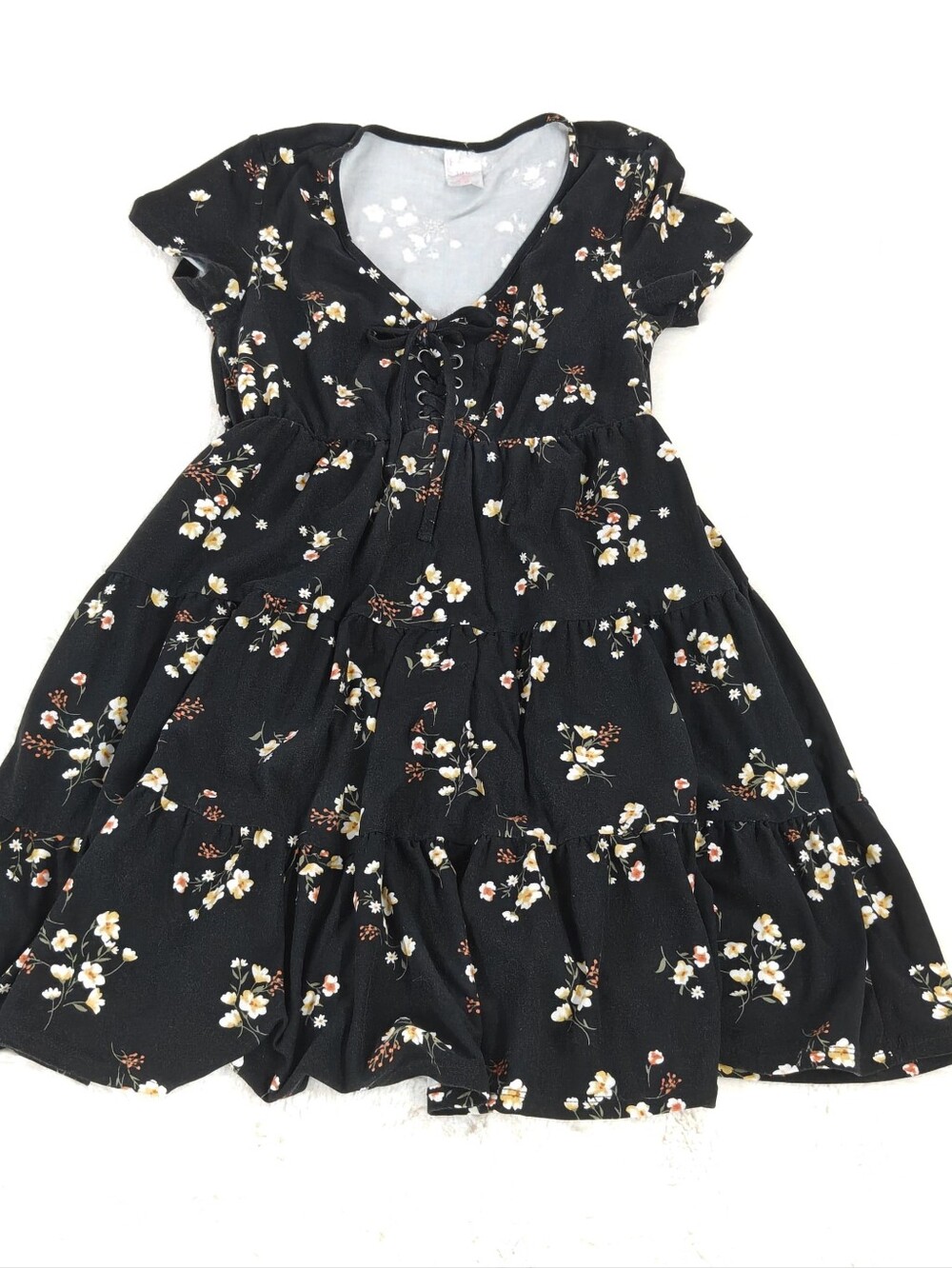 No Boundaries Floral Lace-Up Tiered Dress S(3-5) Black